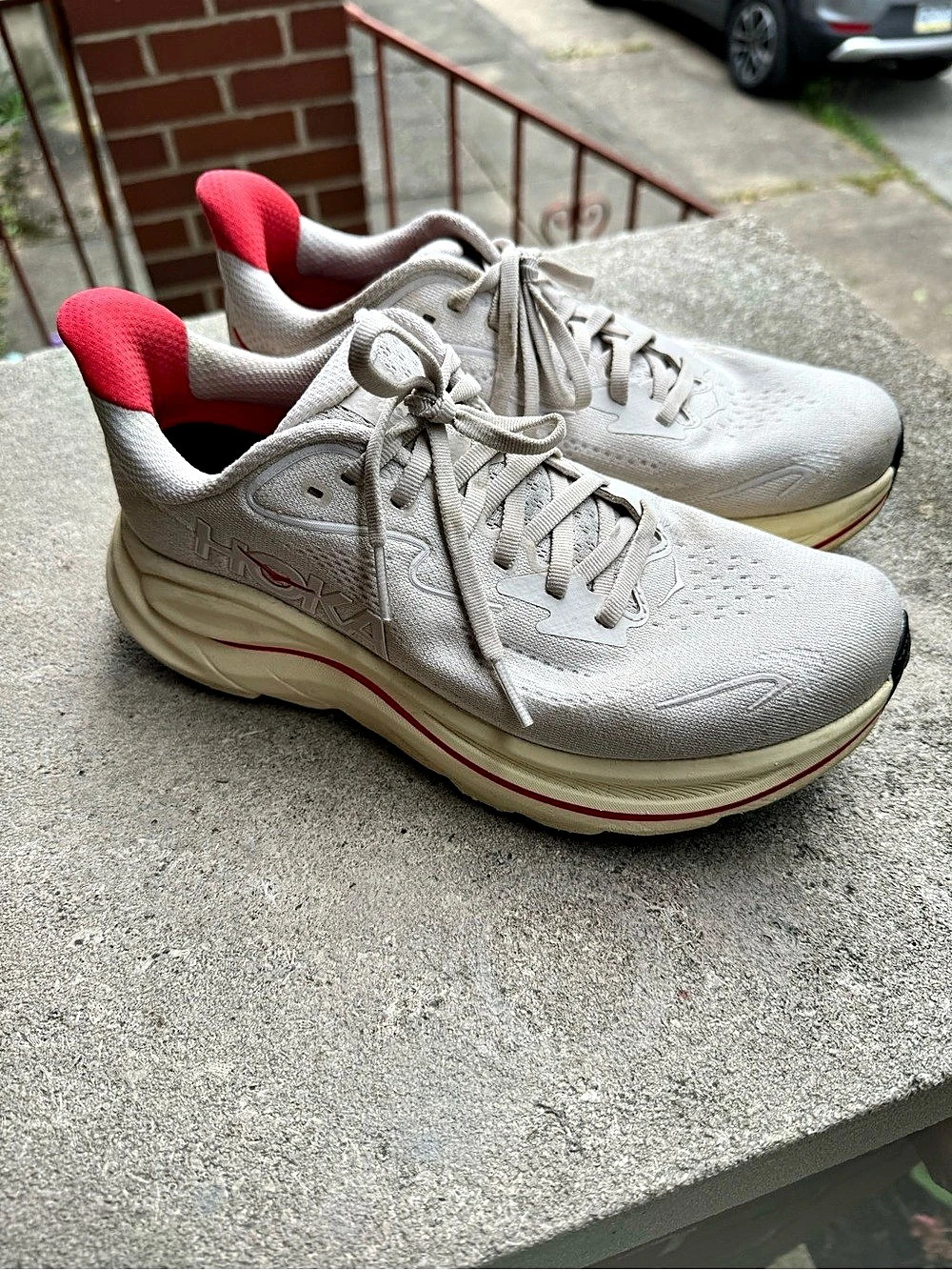 HOKA Clifton 10 Athletic Shoes Off White & Red US W 7.5